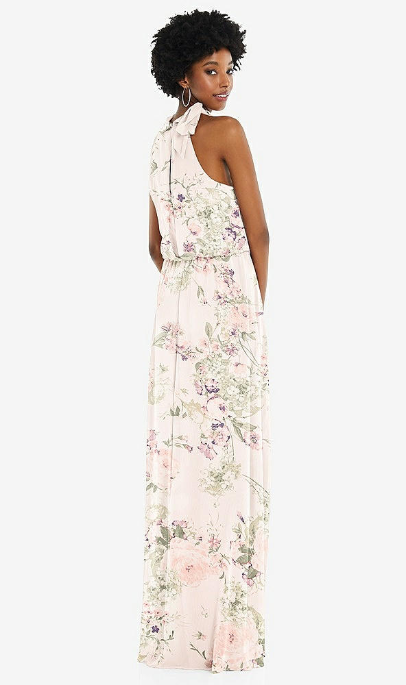 Back View - Blush Garden Scarf Tie High Neck Blouson Bodice Maxi Dress with Front Slit