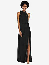 Front View Thumbnail - Black Scarf Tie High Neck Blouson Bodice Maxi Dress with Front Slit