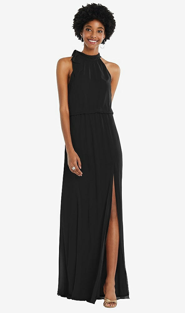 Front View - Black Scarf Tie High Neck Blouson Bodice Maxi Dress with Front Slit