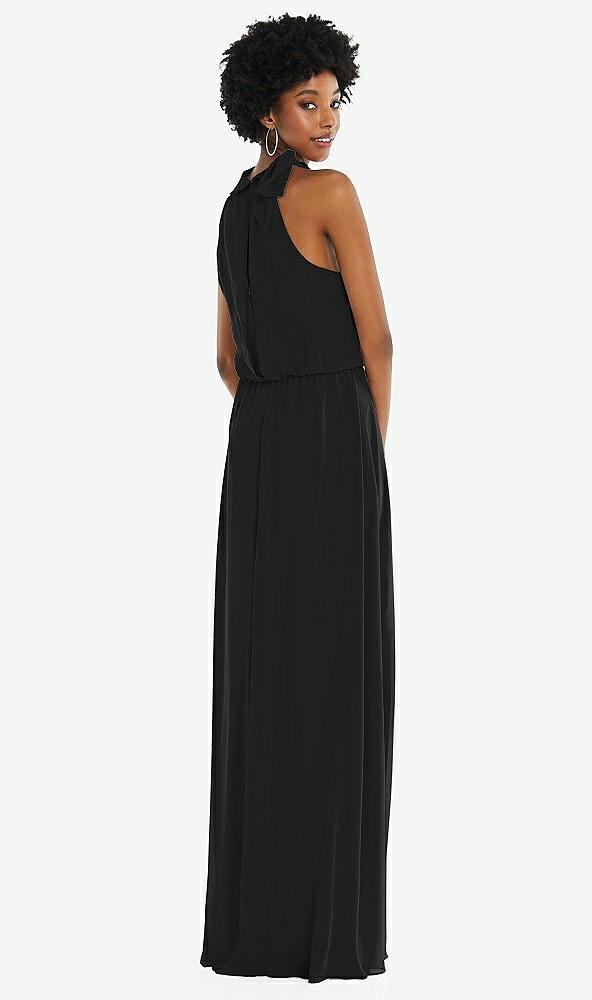 Back View - Black Scarf Tie High Neck Blouson Bodice Maxi Dress with Front Slit
