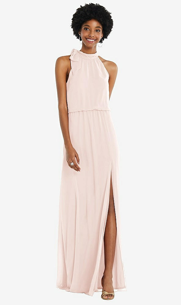 Front View - Blush Scarf Tie High Neck Blouson Bodice Maxi Dress with Front Slit