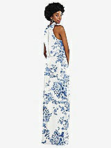 Rear View Thumbnail - Cottage Rose Dusk Blue Scarf Tie High Neck Blouson Bodice Maxi Dress with Front Slit