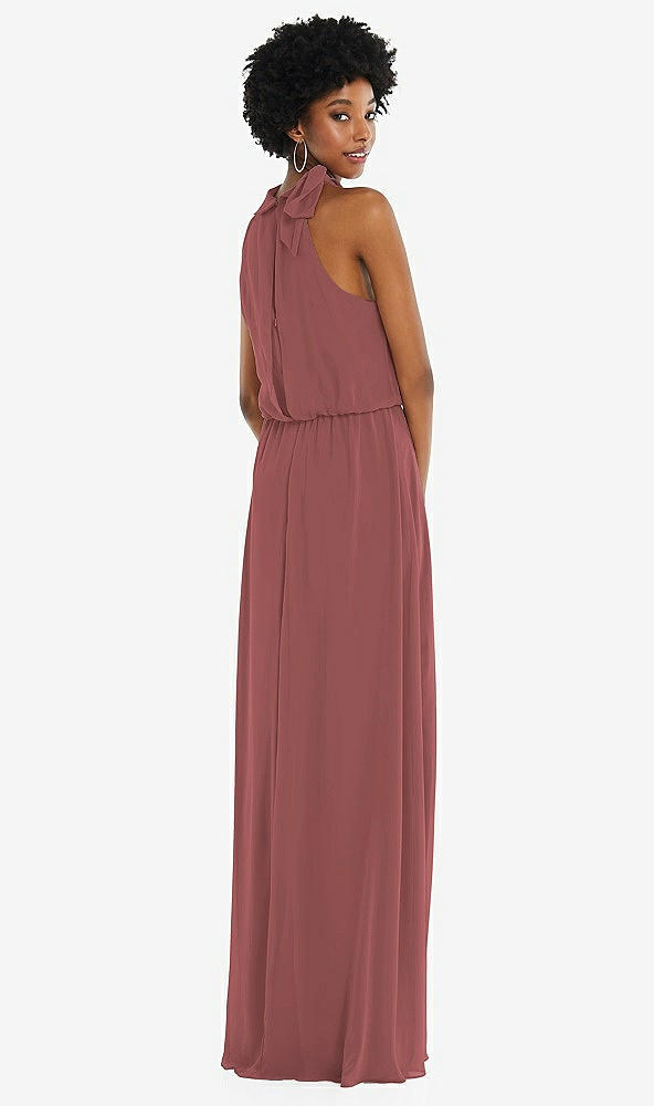 Back View - English Rose Scarf Tie High Neck Blouson Bodice Maxi Dress with Front Slit