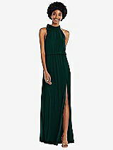 Front View Thumbnail - Evergreen Scarf Tie High Neck Blouson Bodice Maxi Dress with Front Slit