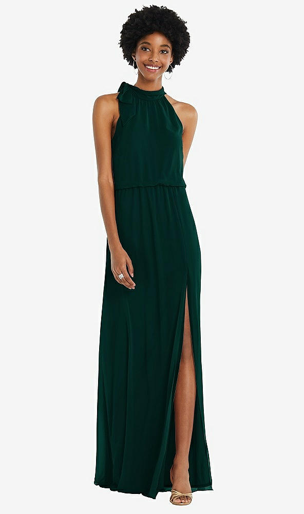 Front View - Evergreen Scarf Tie High Neck Blouson Bodice Maxi Dress with Front Slit