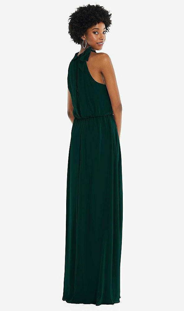Back View - Evergreen Scarf Tie High Neck Blouson Bodice Maxi Dress with Front Slit