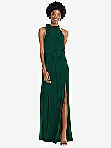 Front View Thumbnail - Hunter Green Scarf Tie High Neck Blouson Bodice Maxi Dress with Front Slit