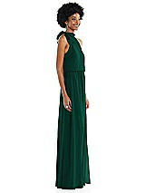 Side View Thumbnail - Hunter Green Scarf Tie High Neck Blouson Bodice Maxi Dress with Front Slit