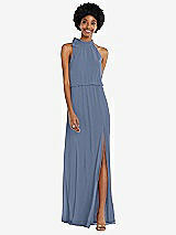 Front View Thumbnail - Larkspur Blue Scarf Tie High Neck Blouson Bodice Maxi Dress with Front Slit
