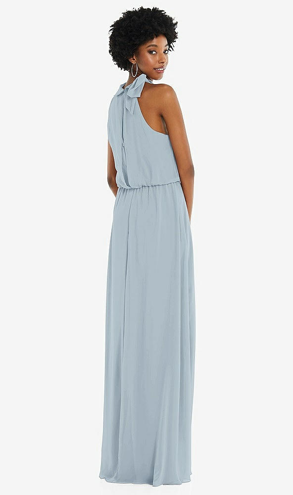 Back View - Mist Scarf Tie High Neck Blouson Bodice Maxi Dress with Front Slit