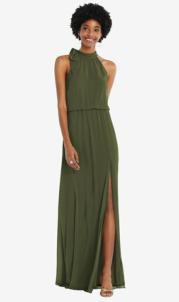 Front View - Olive Green Scarf Tie High Neck Blouson Bodice Maxi Dress with Front Slit