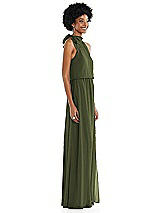 Side View Thumbnail - Olive Green Scarf Tie High Neck Blouson Bodice Maxi Dress with Front Slit