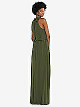 Rear View Thumbnail - Olive Green Scarf Tie High Neck Blouson Bodice Maxi Dress with Front Slit