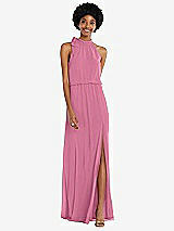 Front View Thumbnail - Orchid Pink Scarf Tie High Neck Blouson Bodice Maxi Dress with Front Slit