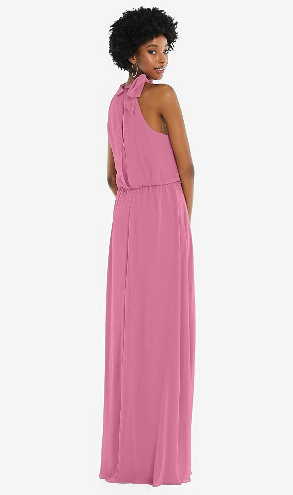 Back View - Orchid Pink Scarf Tie High Neck Blouson Bodice Maxi Dress with Front Slit
