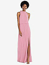 Front View Thumbnail - Peony Pink Scarf Tie High Neck Blouson Bodice Maxi Dress with Front Slit