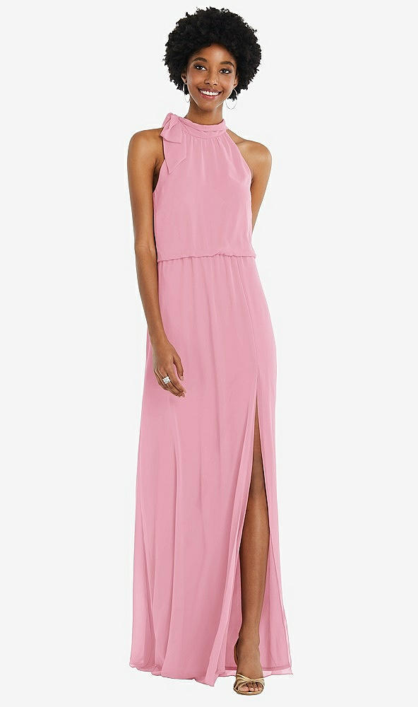 Front View - Peony Pink Scarf Tie High Neck Blouson Bodice Maxi Dress with Front Slit