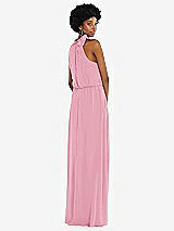 Rear View Thumbnail - Peony Pink Scarf Tie High Neck Blouson Bodice Maxi Dress with Front Slit