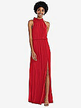 Front View Thumbnail - Parisian Red Scarf Tie High Neck Blouson Bodice Maxi Dress with Front Slit