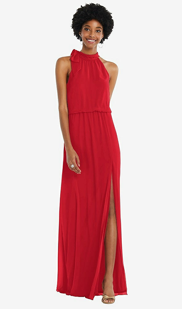 Front View - Parisian Red Scarf Tie High Neck Blouson Bodice Maxi Dress with Front Slit