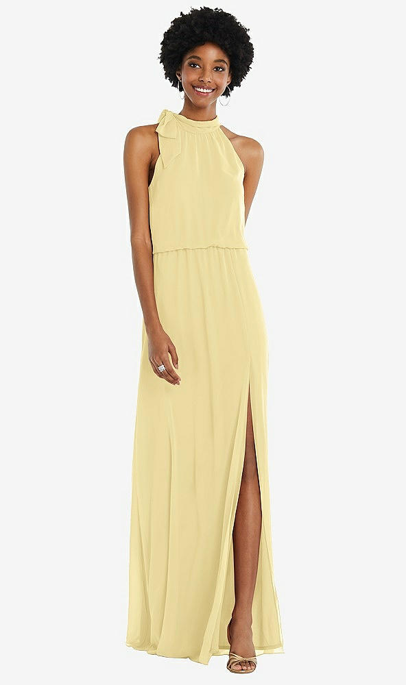 Front View - Pale Yellow Scarf Tie High Neck Blouson Bodice Maxi Dress with Front Slit