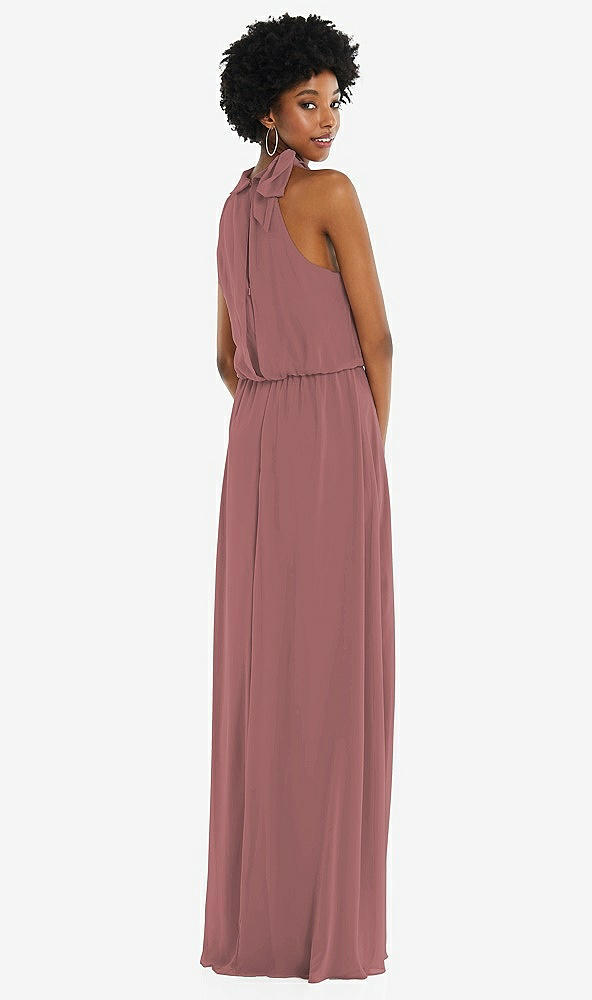 Back View - Rosewood Scarf Tie High Neck Blouson Bodice Maxi Dress with Front Slit