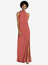 Front View Thumbnail - Coral Pink Scarf Tie High Neck Blouson Bodice Maxi Dress with Front Slit