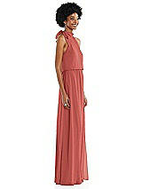 Side View Thumbnail - Coral Pink Scarf Tie High Neck Blouson Bodice Maxi Dress with Front Slit