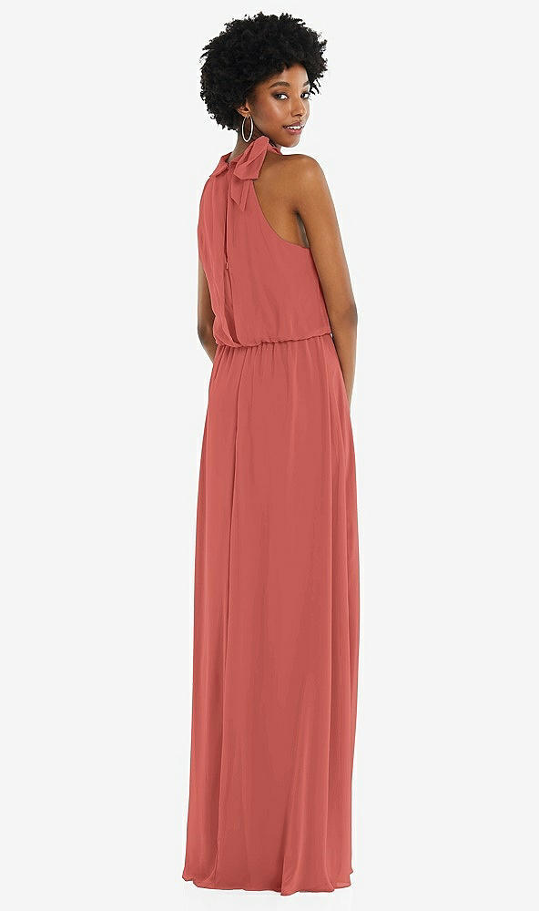 Back View - Coral Pink Scarf Tie High Neck Blouson Bodice Maxi Dress with Front Slit