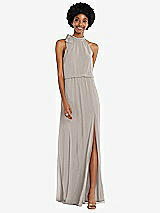 Front View Thumbnail - Taupe Scarf Tie High Neck Blouson Bodice Maxi Dress with Front Slit