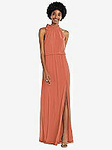 Front View Thumbnail - Terracotta Copper Scarf Tie High Neck Blouson Bodice Maxi Dress with Front Slit