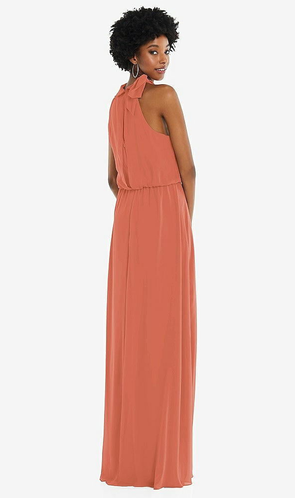 Back View - Terracotta Copper Scarf Tie High Neck Blouson Bodice Maxi Dress with Front Slit