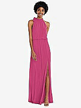 Front View Thumbnail - Tea Rose Scarf Tie High Neck Blouson Bodice Maxi Dress with Front Slit