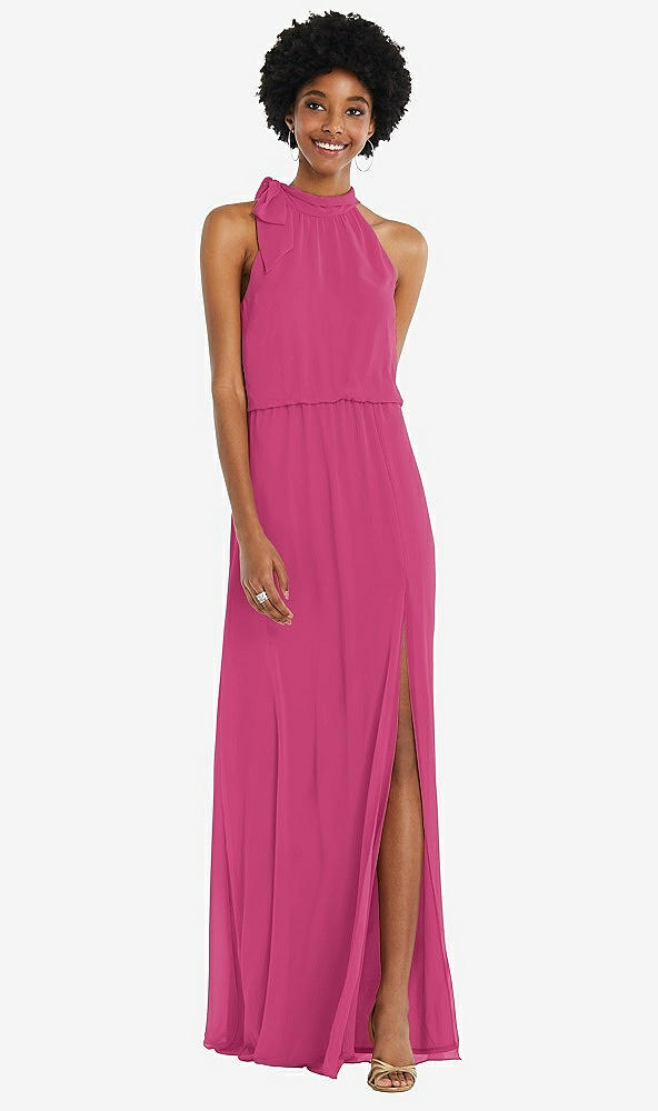 Front View - Tea Rose Scarf Tie High Neck Blouson Bodice Maxi Dress with Front Slit