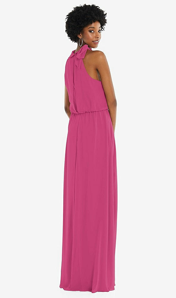 Back View - Tea Rose Scarf Tie High Neck Blouson Bodice Maxi Dress with Front Slit