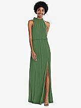 Front View Thumbnail - Vineyard Green Scarf Tie High Neck Blouson Bodice Maxi Dress with Front Slit