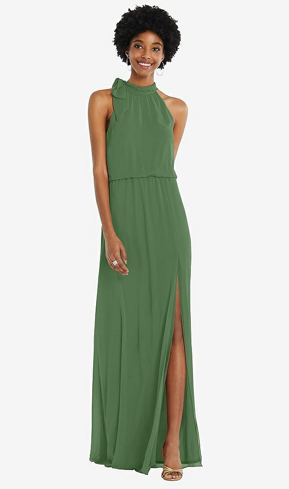 Front View - Vineyard Green Scarf Tie High Neck Blouson Bodice Maxi Dress with Front Slit