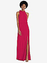 Front View Thumbnail - Vivid Pink Scarf Tie High Neck Blouson Bodice Maxi Dress with Front Slit