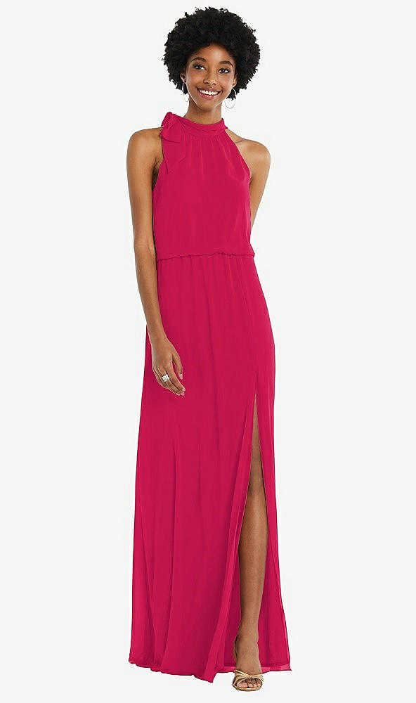 Front View - Vivid Pink Scarf Tie High Neck Blouson Bodice Maxi Dress with Front Slit