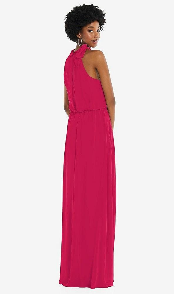 Back View - Vivid Pink Scarf Tie High Neck Blouson Bodice Maxi Dress with Front Slit