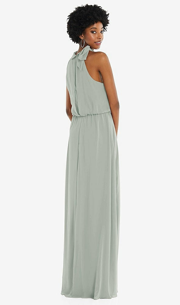 Back View - Willow Green Scarf Tie High Neck Blouson Bodice Maxi Dress with Front Slit