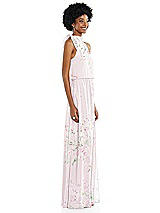 Side View Thumbnail - Watercolor Print Scarf Tie High Neck Blouson Bodice Maxi Dress with Front Slit
