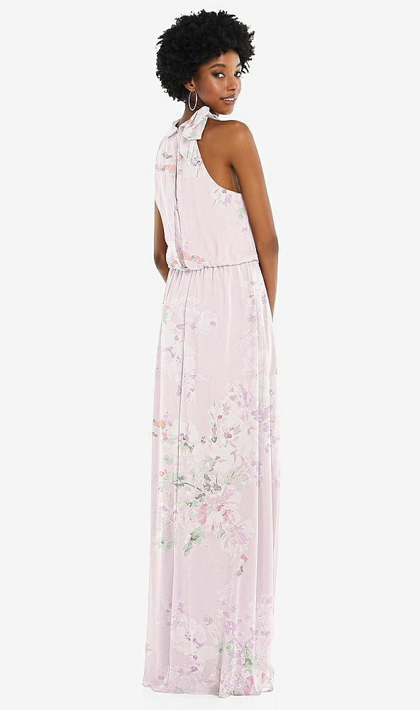 Back View - Watercolor Print Scarf Tie High Neck Blouson Bodice Maxi Dress with Front Slit