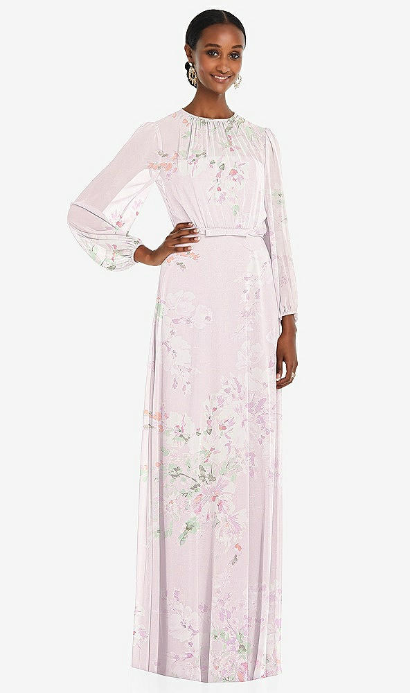 Front View - Watercolor Print Strapless Chiffon Maxi Dress with Puff Sleeve Blouson Overlay 