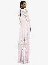 Rear View Thumbnail - Watercolor Print Strapless Chiffon Maxi Dress with Puff Sleeve Blouson Overlay 