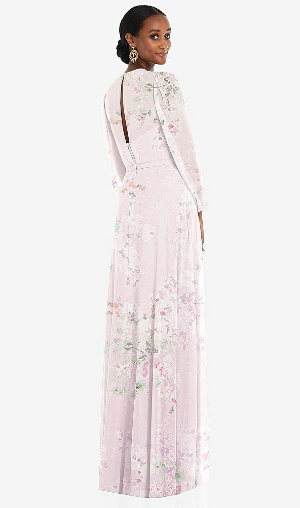 Back View - Watercolor Print Strapless Chiffon Maxi Dress with Puff Sleeve Blouson Overlay 