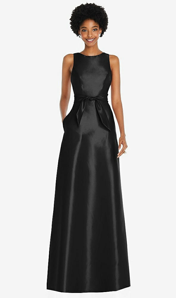 Front View - Black Jewel-Neck V-Back Maxi Dress with Mini Sash