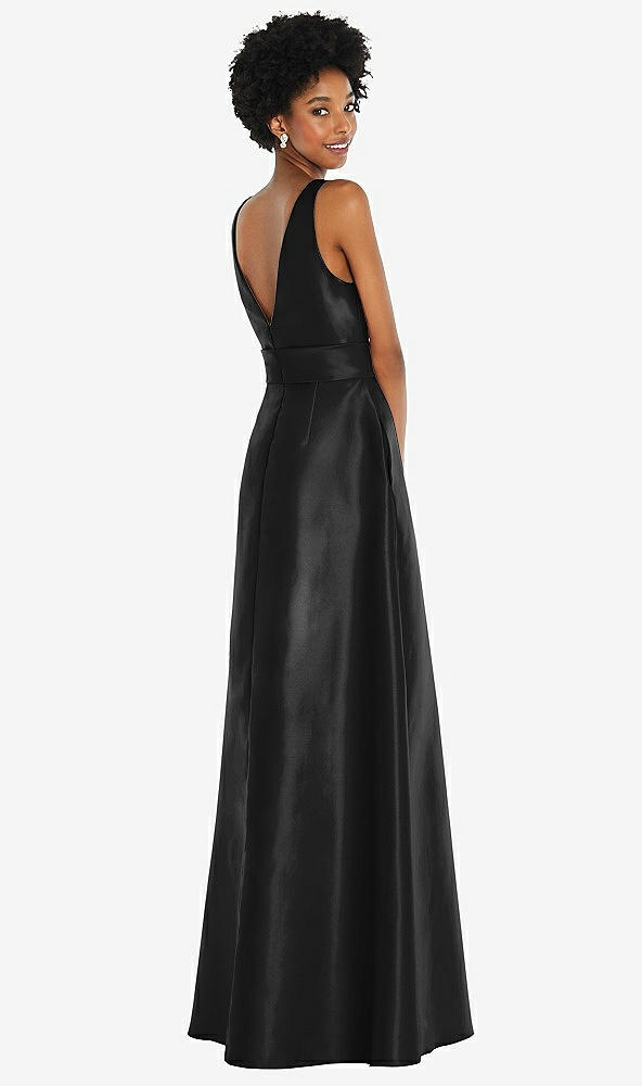 Back View - Black Jewel-Neck V-Back Maxi Dress with Mini Sash