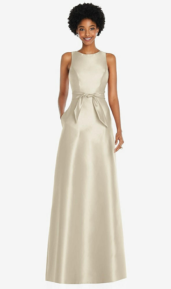 Front View - Champagne Jewel-Neck V-Back Maxi Dress with Mini Sash