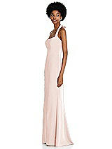 Side View Thumbnail - Blush Tie Halter Open Back Trumpet Gown 